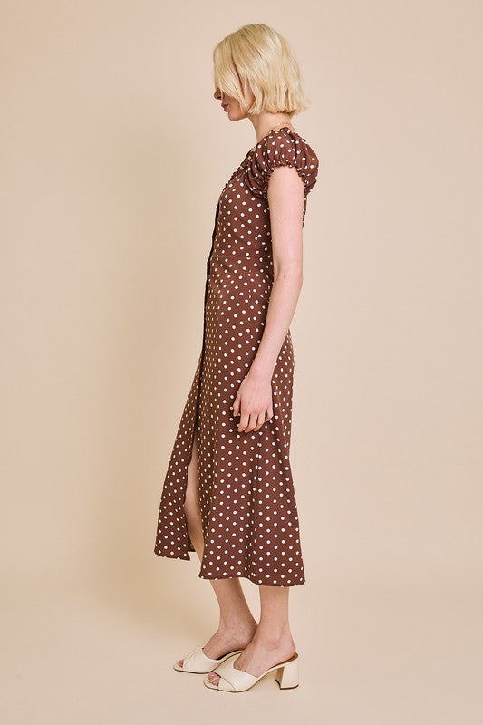 Short Sleeve Button Down Polka Dot Print Midi Dress Brown