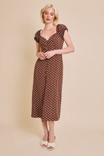 Short Sleeve Button Down Polka Dot Print Midi Dress Brown