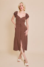 Short Sleeve Button Down Polka Dot Print Midi Dress Brown