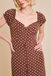 Short Sleeve Button Down Polka Dot Print Midi Dress Brown