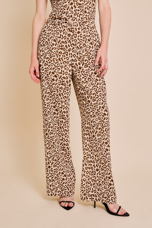 Sleeveless Cowl Neck Top And Leopard Print Pants Set Brown