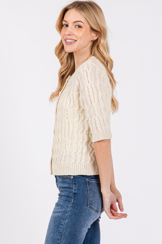 Waitlist 11/5 ♥ Emmy Short Sleeve Cable Knit Button Down Cardigan Ivory