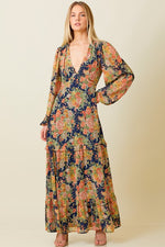 Long Sleeve Floral Print Maxi Dress Navy