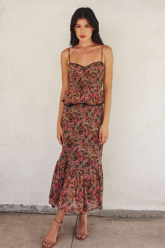 Sleeveless Ruffled Floral Print Midi Dress Rose