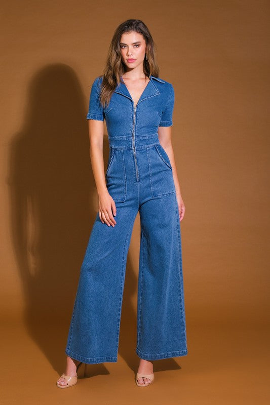 Short Sleeve Zip Up Wide Leg Jumpsuit Dark Wash