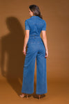 Short Sleeve Zip Up Wide Leg Jumpsuit Dark Wash