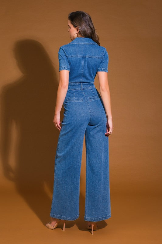 Short Sleeve Zip Up Wide Leg Jumpsuit Dark Wash