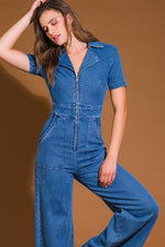 Short Sleeve Zip Up Wide Leg Jumpsuit Dark Wash