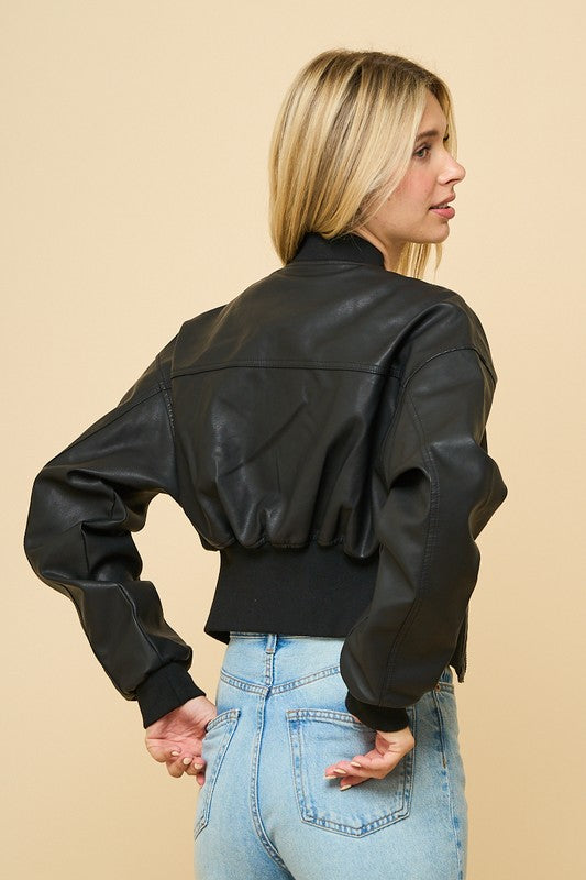 Vegan Leather Cropped Jacket Black