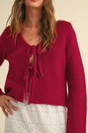 Long Sleeve Bow Tie Knit Cardigan Sweater Red