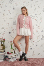 Long Sleeve Satin Bow Tie Knit Cardigan Pink