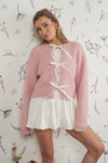 Long Sleeve Satin Bow Tie Knit Cardigan Pink