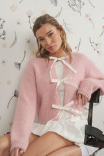 Long Sleeve Satin Bow Tie Knit Cardigan Pink