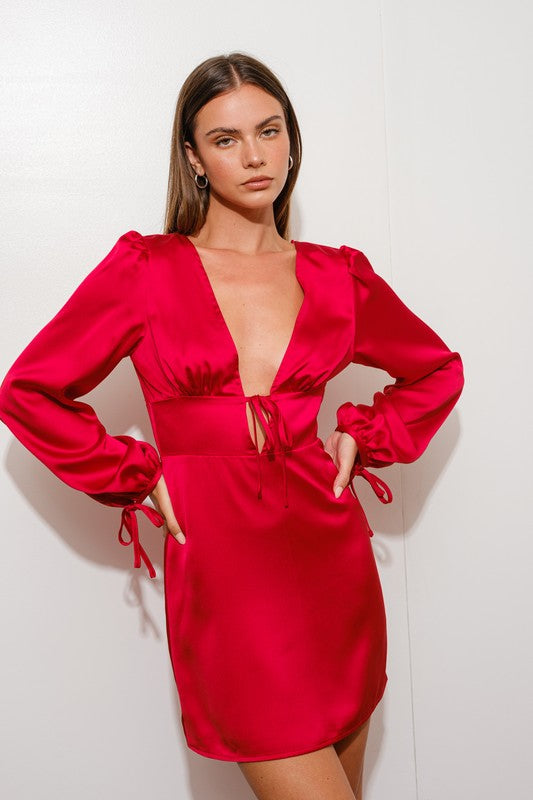 Long Sleeve Plunging Neckline Satin Mini Dress Red