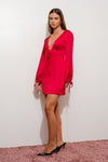 Long Sleeve Plunging Neckline Satin Mini Dress Red