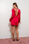 Long Sleeve Plunging Neckline Satin Mini Dress Red