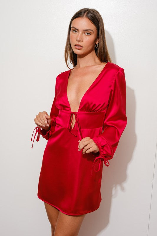 Long Sleeve Plunging Neckline Satin Mini Dress Red