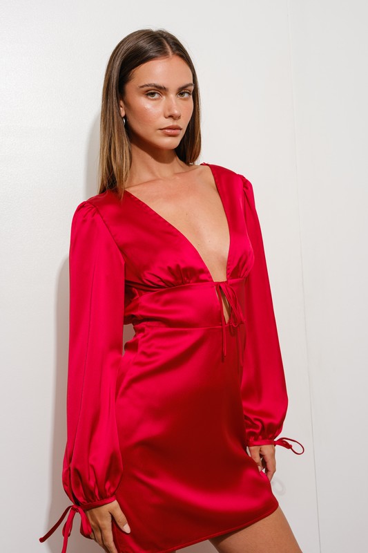 Long Sleeve Plunging Neckline Satin Mini Dress Red