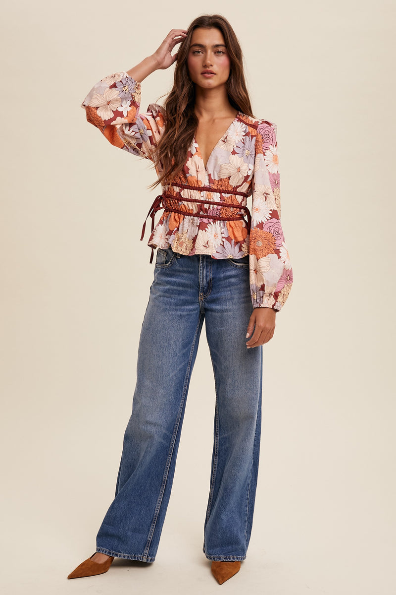  Long Sleeve Floral Print Top Rust