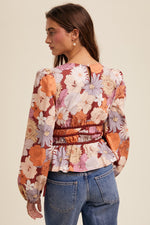  Long Sleeve Floral Print Top Rust