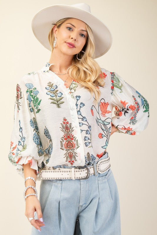 Long Sleeve Button Down Floral Print Print Top White