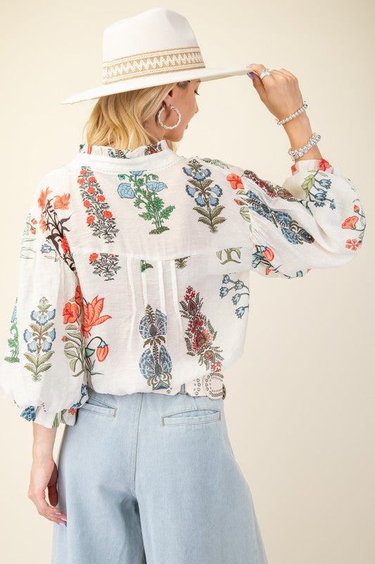 Long Sleeve Button Down Floral Print Print Top White