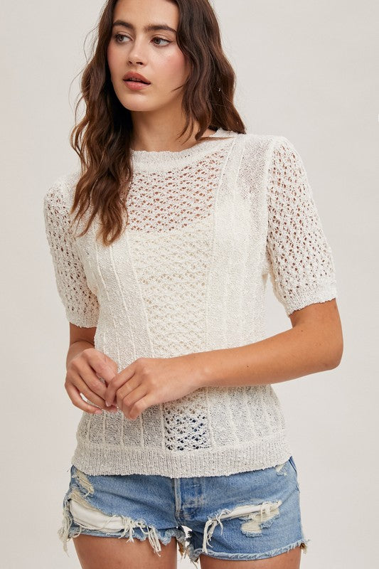 Short Sleeve Open Knit Top White