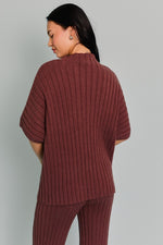 Short Sleeve Mock Neck Ribbed Sweater Top And Pants Set Brown