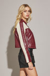 Vegan Leather Cropped Color Block Moto Jacket Burgundy