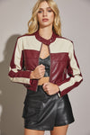 Vegan Leather Cropped Color Block Moto Jacket Burgundy