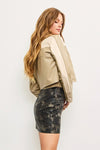 Vegan Leather Cropped Color Block Moto Jacket Taupe