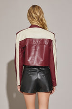 Vegan Leather Cropped Color Block Moto Jacket Burgundy