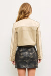 Vegan Leather Cropped Color Block Moto Jacket Taupe