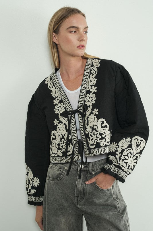 Long Sleeve Floral Embroidered Front Tie Quilted Shacket Black