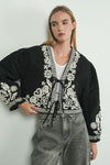 Long Sleeve Floral Embroidered Front Tie Quilted Shacket Black