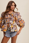 Long Puff Sleeve Front Tie Floral Print Top Black