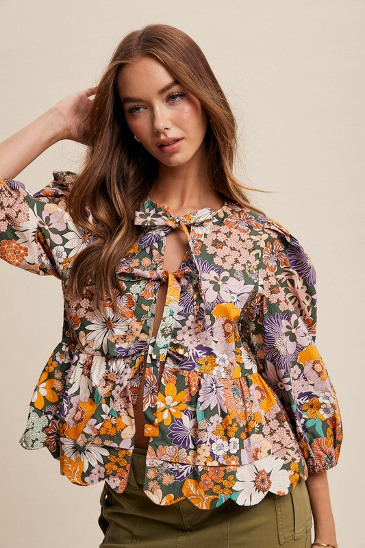  Long Puff Sleeve Front Tie Floral Print Top Green