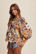 Long Puff Sleeve Front Tie Floral Print Top Black