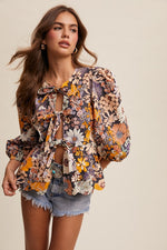 Long Puff Sleeve Front Tie Floral Print Top Black