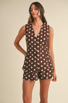 Sleeveless Polka Dot Linen Vest And Short Set Brown