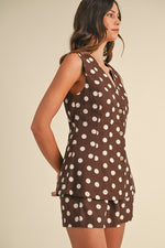 Sleeveless Polka Dot Linen Vest And Short Set Brown