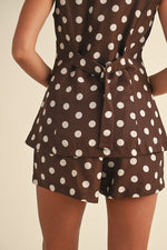 Sleeveless Polka Dot Linen Vest And Short Set Brown