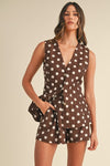 Sleeveless Polka Dot Linen Vest And Short Set Brown