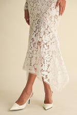 Long Sleeve Mock Neck Floral Lace Midi Dress White