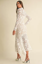 Long Sleeve Mock Neck Floral Lace Midi Dress White