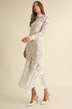 Long Sleeve Mock Neck Floral Lace Midi Dress White