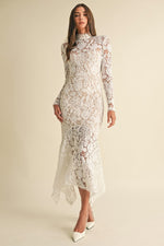 Long Sleeve Mock Neck Floral Lace Midi Dress White