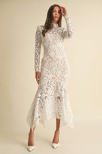 Long Sleeve Mock Neck Floral Lace Midi Dress White