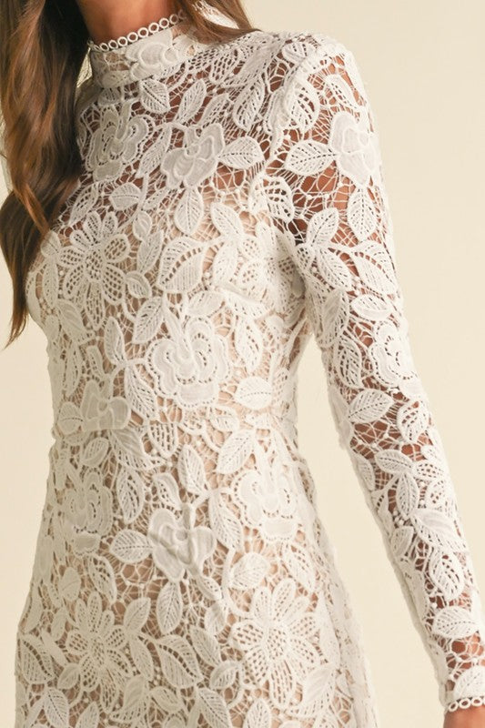 Long Sleeve Mock Neck Floral Lace Midi Dress White