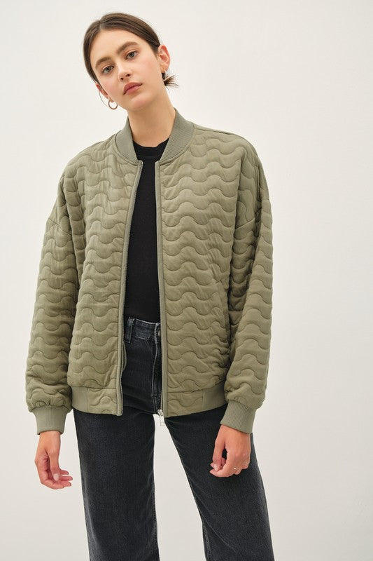 Long Sleeve Quilted Bomber Jacket Olive